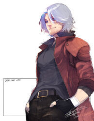 Rule 34 | 1boy, bandaged arm, bandages, belt buckle, black gloves, black pants, blue eyes, buckle, character name, closed mouth, collared shirt, cowboy shot, dante (devil may cry), dated, devil may cry (series), facial hair, facial scar, fingerless gloves, gloves, grey hair, grey shirt, hands in pockets, hiryuu (kugelcruor), jacket, looking at viewer, male focus, pants, parted bangs, red jacket, scar, scar on cheek, scar on face, shirt, short hair, signature, sleeves rolled up, smile, solo, stubble, white background