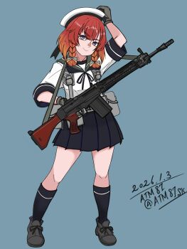 1girl absurdres alternate_costume atm87 black_sailor_collar black_skirt black_socks blue_background commentary_request dated etorofu_(kancolle) full_body gloves gradient_hair grey_gloves grey_shoes gun highres kantai_collection multicolored_hair orange_hair pleated_skirt purple_eyes red_hair rifle sailor_collar school_uniform serafuku shirt shoes skirt socks solo twitter_username weapon weapon_request white_shirt