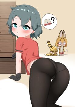 &lt;|&gt;_&lt;|&gt; 2girls ? absurdres all_fours ass black_gloves black_pantyhose blue_eyes blush chis_(js60216) closed_mouth commentary_request drawer from_behind gloves grey_hair highres kaban_(kemono_friends) kemono_friends looking_at_viewer looking_back midriff_peek multiple_girls no_pants paid_reward_available panties panties_under_pantyhose pants pantyhose red_shirt serval_(kemono_friends) shirt short_hair short_sleeves solo_focus speech_bubble spoken_object spoken_question_mark sweatdrop tareme thought_bubble underwear unworn_pants