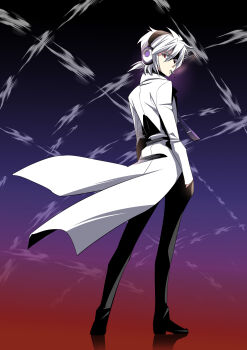 1boy caffein cigarette coat from_behind headphones highres honne_dell male_focus necktie red_eyes short_hair solo vocaloid white_hair