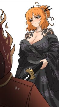 1girl 1other absurdres bare_shoulders bilingual_commentary black_kimono breasts cleavage commentary_request dante_(limbus_company) dated_commentary flaming_head freckles highres holding holding_sword holding_weapon ishmael_(project_moon) japanese_clothes katana kimono korean_commentary kuno_2424 kurokumo_clan_(identity)_(project_moon) large_breasts limbus_company mixed-language_commentary object_head orange_hair project_moon short_hair shoulder_tattoo simple_background sword tattoo weapon white_background yellow_eyes