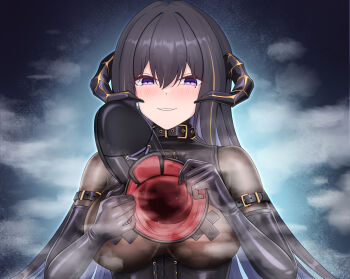 1girl black_hair blush boots constance_(honkai:_star_rail) highres honkai:_star_rail honkai_(series) horns long_hair looking_at_viewer mole mole_under_eye parted_lips purple_eyes shoes single_shoe steam sweat unworn_boots unworn_shoes yayu_(user_ykug3338)