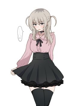 ... 1girl black_choker black_skirt black_thighhighs blush center_frills choker commentary frills girls_band_cry grey_eyes grey_hair highres jirai_kei kawaragi_momoka lemoontya long_hair long_sleeves multicolored_hair open_mouth pink_shirt roots_(hair) shirt simple_background skirt solo spoken_blush spoken_ellipsis sweatdrop thighhighs two_side_up white_background zettai_ryouiki