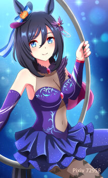 1girl animal_ears animal_print asymmetrical_legwear bare_shoulders bat_print black_hair black_pantyhose blue_eyes blue_leotard blue_pantyhose blue_skirt blush bow breasts cape circus cleavage closed_mouth clothing_cutout detached_sleeves ear_ornament ear_ribbon eishin_flash_(umamusume) eishin_flash_(zirkus_der_traume)_(umamusume) fur_collar hair_between_eyes highres hoop horse_ears horse_girl horse_tail kasumi_uzuki large_breasts leotard looking_at_viewer mismatched_legwear navel official_alternate_costume pantyhose purple_cape purple_leotard purple_sleeves see-through_cleavage see-through_clothes short_hair side_cape sitting skirt smile solo tail umamusume