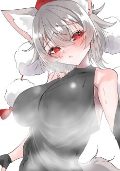 1girl absurdres animal_ears bare_shoulders blush breasts commentary_request fingerless_gloves gloves hat highres inubashiri_momiji large_breasts looking_at_viewer pom_pom_(clothes) red_eyes regua solo steaming_body tail tokin_hat touhou white_background wolf_ears wolf_tail