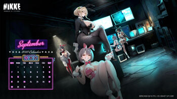 1girl 5girls ade_(agent_bunny)_(nikke) ade_(nikke) animal_ear_hairband animal_ears bay_(nikke) bay_(radiant_rabbit)_(nikke) between_breasts black_choker black_hair black_leotard blush bow bowtie braid breast_curtains breasts bun_with_braided_base choker cleavage clothing_cutout clover_hair_ornament clover_pin colored_inner_hair exia_(hacker_rabbit)_(nikke) exia_(nikke) fake_animal_ears four-leaf_clover_hair_ornament frontless_outfit goddess_of_victory:_nikke green_eyes hair_bun hair_ornament hairband heart_pasties highres hiphighs indoors large_breasts leotard long_hair looking_at_viewer milk_(blooming_bunny)_(nikke) milk_(nikke) monitor multicolored_hair multiple_girls navel_cutout necktie necktie_between_breasts official_alternate_costume pantyhose pasties pink_bow pink_bowtie pink_leotard playboy_bunny ponytail rabbit_ear_hairband rabbit_ears rabbit_tail red_hair red_hiphighs reverse_bunnysuit reverse_outfit rouge_(nikke) rouge_(unlucky_rabbit)_(nikke) see-through_clothes see-through_leotard see-through_thighhighs short_hair single_hair_bun solo streaked_hair tail thighhighs twintails undersized_breast_cup white_pantyhose yellow_eyes