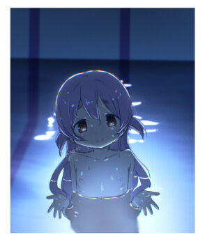 1girl abutomato chainsaw_man closed_mouth collarbone commentary_request completely_nude flat_chest highres i'll_teach_you_everything_(chainsaw_man) loli long_hair looking_at_viewer mahou_shoujo_madoka_magica mahou_shoujo_madoka_magica:_hangyaku_no_monogatari momoe_nagisa nipples nude partially_submerged red_eyes scene_reference smile solo twitter_username wet wet_hair