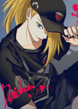 Rule 34 | 1boy, :p, absurdres, asako (itiba), bag, baseball cap, black pants, black shirt, blue eyes, capri pants, character name, commentary request, deidara (naruto), eyeliner, hair over one eye, hands on headwear, hat, highres, long hair, looking at viewer, makeup, male focus, naruto (series), naruto shippuuden, paint splatter, pants, ponytail, shirt, shoulder bag, simple background, sitting, solo, tongue, tongue out