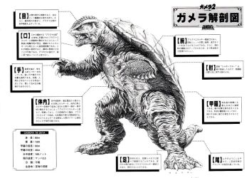 anatomy artist_request chart claws daiei_film diagram gamera gamera_(series) gamera_2:_attack_of_legion giant giant_monster japanese_text kaiju monochrome monster no_humans official_art science science_fiction shell tail teeth translation_request turtle turtle_shell tusks