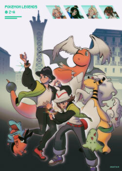 3boys 3girls ampharos asteraws black_pants chikorita city copyright_name dragonite gen_1_pokemon gen_2_pokemon gen_5_pokemon green_jacket harmony_(pokemon) highres jacket lida_(pokemon) lumiose_city mega_ampharos mega_dragonite mega_pokemon mega_ring multiple_boys multiple_girls naveen_(pokemon) nintendo pants paxton_(pokemon) pokemon pokemon_(creature) pokemon_legends:_z-a portrait shirt sky starter_pokemon_trio taunie_(pokemon) tepig totodile trilby urbain_(pokemon) white_shirt white_sky