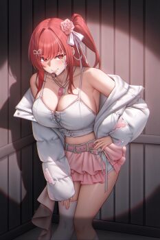 1girl absurdres bare_shoulders belt blush bow breasts cleavage closed_mouth commentary_request facial_mark feet_out_of_frame flower frilled_skirt frills gileu goddess_of_victory:_nikke hair_bow hair_flower hair_ornament hair_ribbon hand_on_own_thigh highres jacket jewelry korean_commentary large_breasts leaning_forward long_hair looking_at_viewer miniskirt off_shoulder official_alternate_costume one_side_up open_clothes open_jacket pendant pink_belt pink_flower pink_nails pink_rose pink_skirt portrait rapi_(nikke) rapi_(red_hood)_(nikke) rapi_(red_hood)_(shining_light)_(nikke) red_eyes red_hair ribbon rose shadow single_thighhigh skirt smile solo spotlight standing star_(symbol) star_facial_mark thighhighs white_jacket white_thighhighs