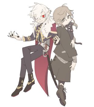 2boys black_jacket black_nails black_pants brown_hair cape closed_mouth ear_piercing fingernails grey_eyes grin hair_over_one_eye highres holding holding_stuffed_toy holding_stuffed_toy jacket jewelry kanae_(nijisanji) kuzuha_(nijisanji) looking_at_viewer low_ponytail male_focus mole mole_under_eye multiple_boys nail_polish nijisanji no_sclera pants piercing pointy_ears ponytail red_cape red_eyes ring roto_(kanae) scabbard sharp_nails sheath sheathed simple_background smile stuffed_animal stuffed_cat stuffed_toy sweater temmie_chang turtleneck turtleneck_sweater vampire virtual_youtuber white_background white_hair wide_sleeves