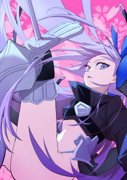 1girl absurdres armored_boots black_jacket blue_eyes blue_ribbon boots breasts commentary_request cropped_jacket fate/grand_order fate_(series) hair_ribbon hamao_1 highres jacket long_hair long_sleeves looking_at_viewer meltryllis_(fate) navel open_mouth prosthesis prosthetic_leg purple_hair ribbon sleeves_past_fingers sleeves_past_wrists small_breasts solo thighs very_long_hair