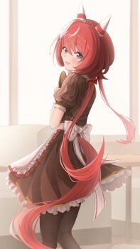 1girl absurdres animal_ears apron blush breasts brown_pantyhose brown_shirt brown_skirt coco's commentary_request ear_covers ear_ornament feather_hair_ornament feathers green_eyes hair_between_eyes hair_ornament highres horse_ears horse_girl horse_tail long_hair looking_at_viewer low_twintails open_mouth pantyhose pilinthia red_hair shirt skirt smile solo tail twintails umamusume waist_apron white_apron win_variation_(umamusume)