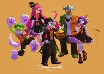 2girls 3boys beast_boy_(dc) cyborg_(dc) dc_comics dick_grayson garfield_logan halloween halloween_bucket halloween_costume highres koriand'r multiple_boys multiple_girls raven_(dc) robin_(dc) starfire teen_titans victor_stone