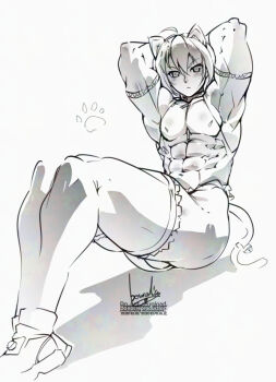 1boy :/ abs ahoge androgynous animal_ears armpits arms_behind_head artist_name bishounen blush bowalia cat_boy cat_ears cat_tail commentary_request exercising feet_out_of_frame frilled_thighhighs frills male_focus monochrome muscular muscular_male original paw_print pectorals shoes short_hair sit-up sitting sneakers solo tail thighhighs triceps v-shaped_eyebrows