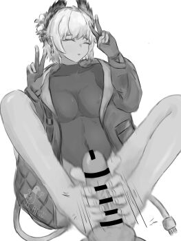 1girl absurdres arknights bar_censor barefoot censored closed_eyes double_v feet footjob highres medium_hair monochrome parted_lips raidian_(arknights) sixu toes v