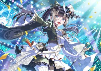 1girl ascot asymmetrical_gloves asymmetrical_legwear belt black_choker black_gloves black_hair black_pantyhose blue_eyes blunt_bangs blunt_ends bow choker commentary_request concert confetti copyright_notice elbow_gloves frilled_skirt frills gloves glowstick green_bow green_jacket green_skirt grey_hair hair_bow hat headset hime_cut holding_baton hololive hololive_dev_is jacket juliet_sleeves juufuutei_raden lace lace_choker layered_skirt long_hair long_sleeves looking_at_viewer mini_hat miniskirt mismatched_gloves mismatched_legwear monocle morikura_en multicolored_hair official_alternate_costume official_alternate_hairstyle official_art open_mouth pantyhose penlight_(glowstick) ponytail puffy_sleeves round_eyewear single_sleeve skirt solo straight_hair tilted_headwear two-tone_hair virtual_youtuber white_ascot white_belt white_gloves white_hat white_jacket white_pantyhose white_skirt wide_sleeves