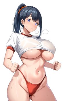 1girl :o alternate_breast_size_(larger) black_hair blue_eyes breasts cameltoe clenched_hands clothes_lift cowboy_shot curvy gridman_universe gym_uniform high_ponytail highleg highleg_panties highres huge_breasts navel panties ponytail ranhatu red_panties shirt shirt_lift simple_background solo ssss.gridman stomach sweat takarada_rikka underboob underwear white_background white_shirt