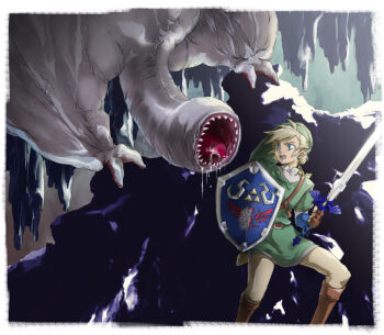 Rule 34 | 1boy, blonde hair, cave, crossover, green shirt, hat, hylian shield, khezu, link, male focus, master sword, monster, monster hunter (series), nintendo, pointy ears, shield, shirt, solo, sword, the legend of zelda, weapon