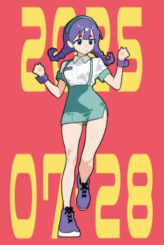 1girl aqua_hairband aqua_skirt blue_eyes braid braided_twintails breasts closed_mouth collared_shirt dated flat_color floating_hair full_body gluteal_fold hairband hands_up high-waist_skirt highres looking_to_the_side low_twin_braids medium_breasts miniskirt minminmince mismatched_eyebrows name_tag no_nose original pencil_skirt purple_hair purple_shoes purple_wrist_cuffs red_background shirt shoes short_sleeves simple_background skirt solo suspender_skirt suspenders twin_braids twintails walking walking_towards_viewer white_shirt wrist_cuffs