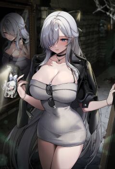 1girl absurdly_long_hair black_choker black_jacket blue_eyes bow bracelet breasts brick_wall cellphone choker cinderella_(beautiful_me)_(nikke) cinderella_(nikke) cleavage collarbone curvy different_reflection dress eyewear_hang ghost gijang goddess_of_victory:_nikke grey_dress hair_bow hair_over_one_eye highres holding holding_phone jacket jacket_on_shoulders jewelry large_breasts long_hair multiple_views necklace official_alternate_costume parted_lips phone red_eyes reflection short_dress silk smartphone spider_web sunglasses thighs unworn_eyewear very_long_hair white_hair