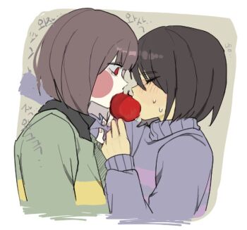 2others animification apple black_hair black_shirt blunt_bangs blush border brown_hair chara_(undertale) closed_eyes collared_shirt colored_skin commentary_request fingernails food frisk_(undertale) fruit green_background green_sweater hair_between_eyes hand_up holding_another&#039;s_arm korean_commentary long_sleeves looking_at_another multiple_others nail_polish other_focus other_with_other pink_nails puffy_long_sleeves puffy_sleeves purple_sweater red_eyes shirt short_hair simple_background single_stripe striped_clothes striped_sweater sweat sweater turtleneck turtleneck_sweater undertale upper_body utdr_(toby_fox) white_border yellow_skin yx_won2