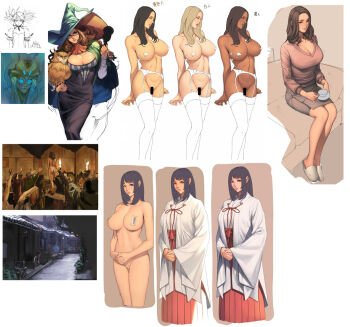 10s auction bird black_hair blonde_hair breasts brown_hair censored cleavage dark-skinned_female dark_skin garter_belt garter_straps glasses grand_knights_history hat highres japanese_clothes kaname_madoka large_breasts long_hair maebari mahou_shoujo_madoka_magica mahou_shoujo_madoka_magica_(anime) mature_female miko mole mole_under_eye multiple_girls muse_cromwell nude oda_non ofuda ofuda_on_nipples ofuda_on_pussy owl pasties sex_toy skirt very_dark_skin vibrator witch_hat
