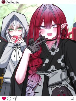 2girls absurdres add_(fate) baobhan_sith_(fate) baobhan_sith_(over_the_same_sky)_(fate) birdcage black_kimono blush breasts cage cernunnos_(fate) cube earrings eating fate/grand_order fate_(series) floral_print food gray_(fate) gray_(over_the_same_sky)_(fate) green_eyes grey_eyes grey_hair grey_hakama grey_sweater hakama hakama_skirt highres hood hooded_sweater japanese_clothes jewelry kimono long_hair long_sleeves looking_at_viewer mcpc_zamurai medium_breasts multiple_girls obi open_mouth pink_hair pointy_ears sash sidelocks skirt small_breasts smile solo stuffed_toy sweater wide_sleeves