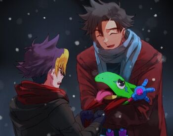 2boys black_hair blonde_hair blue_hair blue_scarf brothers closed_eyes commentary digimon digimon_(creature) digimon_beatbreak earrings gecko gekkomon glasses jewelry multicolored_hair multiple_boys open_mouth red_scarf risyo round_eyewear scarf short_hair siblings snowing symbol-only_commentary tenma_asuka tenma_tomoro tongue tongue_out two-tone_hair upper_body