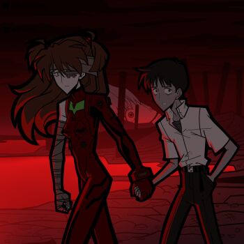 1boy 1girl asymmetrical_sleeves ayanami_rei bandaged_arm bandaged_head bandages belt bisotin_(bisobisobro) black_belt black_pants blue_eyes bodysuit brown_hair closed_mouth collared_shirt commentary english_commentary gauze gauze_over_eye hair_between_eyes hair_ornament hands_in_pockets highres holding_hands ikari_shinji interface_headset_(evangelion) long_hair looking_at_another mecha_pilot_suit neon_genesis_evangelion orange_hair pants plugsuit_(evangelion) post-apocalypse red_bodysuit school_uniform shirt shirt_tucked_in short_hair short_sleeves souryuu_asuka_langley the_end_of_evangelion third_impact two_side_up undershirt walking white_shirt