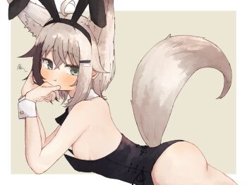 1girl :t animal_ear_fluff animal_ear_hairband animal_ears black_bow black_bowtie black_hair black_leotard bow bowtie breasts closed_mouth commentary_request detached_collar extra_ears fake_animal_ears fox_ears fox_girl fox_tail from_side green_eyes grey_hair hair_ornament hairband hairclip highleg highleg_leotard highres kuon_(meguru_1225) leotard looking_at_viewer meguru_1225 multicolored_hair nipples original parallel_hairclips playboy_bunny rabbit_ear_hairband rabbit_ears short_hair simple_background small_breasts solo strapless strapless_leotard tail two-tone_hair white_wrist_cuffs wrist_cuffs