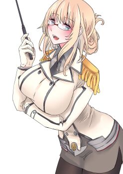 1girl asyuri atago_(kancolle) bespectacled blonde_hair breasts buttons collared_shirt cosplay double-breasted epaulettes glasses gloves green_eyes highres holding holding_pointer holding_riding_crop kantai_collection katori_(kancolle) katori_(kancolle)_(cosplay) long_hair military military_uniform miniskirt necktie pantyhose pencil_skirt pointer riding_crop shirt skirt smile white_gloves