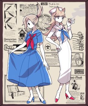 Rule 34 | 2girls, alternate costume, animification, blue dress, blue shoes, border, breasts, brown border, brown hair, cigar, commentary, dress, earrings, eddsworld, eyebrow piercing, face piercing, flipped hair, full body, grey eyes, hair ears, hand on own hip, hat, high heels, holding, holding cigar, hollow eyes, jewelry, keep (dmswls6145), long dress, long hair, looking down, medium breasts, multiple girls, neckerchief, newsprint background, piercing, red nails, red neckerchief, red shoes, sailor collar, sailor dress, sailor hat, shoes, small breasts, standing, tamara (eddsworld), topknot, tori (eddsworld), white dress, white hat