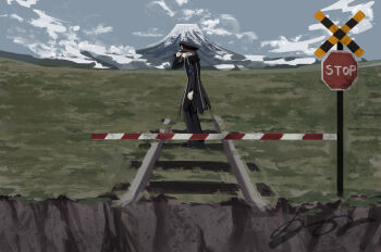 1boy absurdres black_coat black_hat black_pants cloud coat day from_side grass grey_hair hand_on_headwear hand_up hat highres ingo_(pokemon) male_focus mixed-language_commentary mountain nintendo outdoors pants pokemon pokemon_legends:_arceus railroad_tracks road_sign sign signature sky solo standing stop_sign torn_clothes torn_coat trisia_3