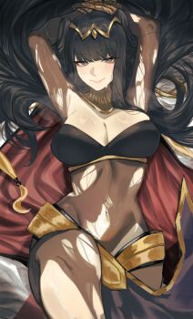 1girl absurdres armpits arms_up black_hair blunt_bangs blush bodystocking bound bound_arms bound_wrists breasts cape circlet cleavage commentary fire_emblem fire_emblem_awakening highres large_breasts levvimi long_hair looking_at_viewer navel nintendo rope skin_tight smile solo stomach sweat tharja_(fire_emblem) torn_bodystocking torn_clothes two-tone_cape wide_hips