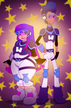 1boy 1girl commentary english_commentary full_body glitch_techs hair_ornament hand_on_own_hip high_five_(glitch_techs) highres looking_at_viewer miko_kubota nose open_mouth pixel_star shadow smile star_(symbol) teeth tongue tonyneely upper_teeth_only