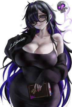 1girl 21skarlett bags_under_eyes bare_shoulders black-framed_eyewear black_cardigan black_dress black_hair blush book breasts cardigan cardigan_partially_removed cleavage colored_inner_hair commentary dress english_commentary floating_skull glasses goddess_of_victory:_nikke hair_over_one_eye hand_on_book highres label_(nikke) large_breasts long_hair looking_at_viewer multicolored_hair purple_eyes purple_hair purple_streaks simple_background skindentation solo standing sweat taut_clothes taut_dress very_long_hair white_background