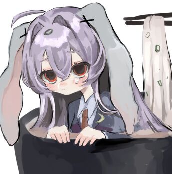 1girl :< ahoge animal_ears blush bowl chopsticks collared_shirt commentary_request crying food food_on_head hair_intakes haniwa_kue highres in_bowl in_container in_food long_hair long_sleeves necktie noodles object_on_head purple_hair rabbit_ears rabbit_girl red_eyes reisen_udongein_inaba shirt solo tears touhou