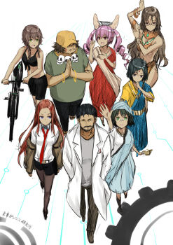 2boys 6+girls akiha_rumiho amane_suzuha animal_ears bangle beard bicycle bike_shorts bindi black_hair bracelet braid brown_hair capcom circlet cosplay dark_skin dhalsim dhalsim_(cosplay) dress drill_hair everyone facial_hair faris_nyannyan green_eyes hashida_itaru hat india indian_clothes jacket jewelry kiryuu_moeka lab_coat long_hair maid makise_kurisu multiple_boys multiple_girls mustache nabeshima_tetsuhiro necklace okabe_rintarou pantyhose phone pink_hair purple_eyes sari science_adventure shiina_mayuri short_hair simple_background skirt skull_necklace smile steins;gate street_fighter turban twin_braids twin_drills twintails urushibara_luka