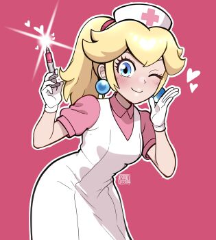 1girl absurdres apron blue_eyes collared_shirt cowboy_shot cross earrings gloves hair_between_eyes hat heart highres holding holding_syringe jewelry leaning_forward light_blush mario_(series) muis0802 nintendo nurse nurse_cap one_eye_closed pink_background pink_shirt ponytail princess_peach red_cross shirt short_sleeves simple_background smile solo sphere_earrings syringe white_apron white_gloves