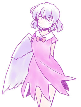 1girl adapted_costume arms_behind_back cowboy_shot dress grey_hair kishin_sagume legacy_of_lunatic_kingdom light_blush looking_at_viewer purple_dress rangycrow short_hair single_wing solo touhou white_background wings |_|