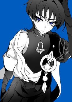 1boy arm_at_side armor armpit_crease blue_background blunt_ends bodysuit bow cape collarbone dutch_angle eyelashes feathers furisode gem genshin_impact greyscale_with_colored_background hakama hakama_shorts hand_up highres japanese_armor japanese_clothes juban kimono kote looking_at_viewer male_focus mandarin_collar open_clothes open_kimono parted_lips pleated_shorts pom_pom_(clothes) purple_eyes renkon_25251020 rope scaramouche_(genshin_impact) short_sleeves shorts shoulder_peek solo spot_color tsurime vision_(genshin_impact) wanderer_(genshin_impact) wispy_bangs