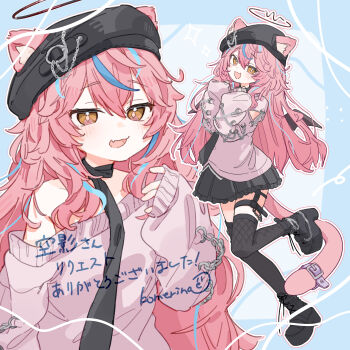 1girl :3 :d absurdres animal_ear_fluff animal_ears ankle_boots artist_name belt black_boots black_halo black_hat black_necktie black_skirt black_thighhighs blue_background blue_streaks blush boots cat_ears cat_girl cat_tail chain clothing_cutout collarbone commentary commission diamond-shaped_pupils diamond_(shape) dot_nose ears_through_headwear fang frilled_skirt frills full_body hair_between_eyes halo hand_up hands_up happy hat highres komerina long_hair long_sleeves looking_at_viewer messy_hair miniskirt multicolored_hair multiple_views necktie open_mouth orange_eyes original pink_hair pink_sweater pleated_skirt purple_belt raised_eyebrows sidelocks signature single_bare_shoulder single_off_shoulder skin_fang skirt sleeves_past_fingers sleeves_past_wrists smile standing standing_on_one_leg streaked_hair sweater symbol-shaped_pupils tail tail_belt thigh_strap thighhighs translated two-tone_hair upper_body very_long_hair