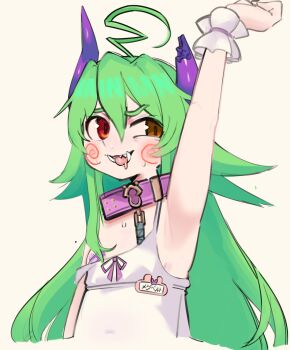 1girl ahoge arm_over_head armpit_crease armpits arrivedcold asymmetrical_horns bandaid bandaids_on_nipples bare_shoulders blush broken_horn camisole collar commentary commentary_request cosplay double-parted_bangs english_commentary flat_chest frilled_wrist_cuffs frills green_hair half-closed_eye heterochromia highres horns huge_ahoge indie_virtual_youtuber leash long_hair long_single_sidelock looking_to_the_side megbert menace_mamaki menace_mamaki_(cosplay) menace_mamaki_(menako) messy_hair name_tag off_shoulder pasties presenting_own_armpit purple_collar purple_horns purple_ribbon red_eyes ribbon saliva sharp_teeth simple_background snot solo spaghetti_strap spiral_cheeks strap_slip teeth thick_eyebrows tongue tongue_out tusks uneven_eyes upper_body virtual_youtuber white_camisole white_wrist_cuffs wrist_cuffs yellow_eyes