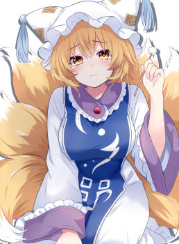 Rule 34 | 1girl, blonde hair, blue tabard, blush, breasts, closed mouth, commentary request, dress, ear cleaning, fox tail, hat, highres, kitsune, large breasts, long sleeves, looking at viewer, medium hair, mimikaki, mob cap, multiple tails, simple background, solo, sweatdrop, tabard, tail, tanaka shoushou fumimaro, touhou, white background, white dress, wide sleeves, yakumo ran, yellow eyes