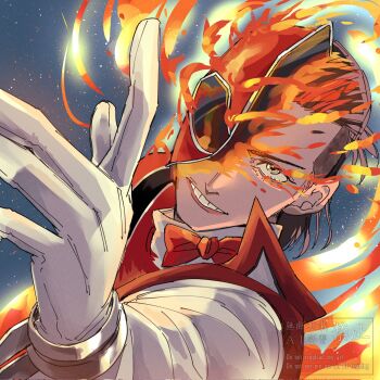 1boy blue_background bow bowtie brown_hair commentary facial_mark fire fire_candle_(super_sentai) flaming_eye gloves grin hair_slicked_back helmet henshin highres looking_ahead male_focus no.1_sentai_gozyuger one_eye_covered red_bow red_bowtie red_helmet red_vest samurai_sentai_shinkenger shinken_red shirt smile solo spoilers super_sentai syatimaru36 tokusatsu transformation undercut upper_body vest white_gloves white_shirt yellow_eyes