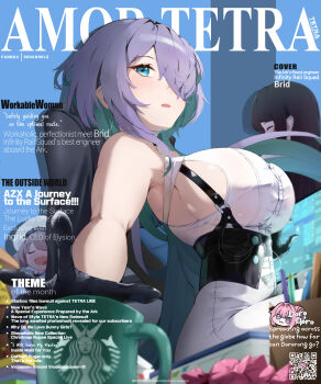 4girls bare_shoulders black_corset black_gloves black_hair blue_eyes book breasts brid_(nikke) brid_(silent_track)_(nikke) chair character_request chest_harness closed_eyes coffee_mug collared_shirt colored_inner_hair corset cover cup diesel_(nikke) dress_shirt english_text gloves goddess_of_victory:_nikke grey_hair hair_over_one_eye harness highres holographic_interface large_breasts long_hair magazine_cover mug multicolored_hair multiple_girls open_mouth pants shirt sideboob sideless_shirt sitting sleeveless sleeveless_shirt soline_(nikke) solo_focus sonaworld sticky_note tight_clothes tight_pants very_long_hair white_pants white_shirt