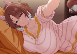 Rule 34 | 1girl, animal ears, bed, blurry, blurry background, blush, breasts, brown eyes, brown hair, cleavage, closed mouth, collarbone, commentary request, dantsu flame (umamusume), hair between eyes, hair ornament, highres, horse ears, horse girl, horse tail, large breasts, looking at viewer, noe (ppppriver), pillow, pov, reaching, reaching towards viewer, smile, tail, umamusume