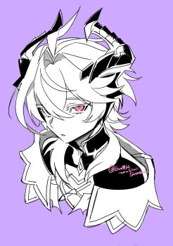 Rule 34 | 1boy, capelet, collared capelet, collared shirt, cropped shoulders, crossed bangs, dated, double-parted bangs, dragon boy, dragon horns, eromkk, eyelashes, genshin impact, greyscale with colored background, hashtag-only commentary, highres, horns, looking at viewer, male focus, mini durin (genshin impact), mini durin (human) (genshin impact), parted lips, pink eyes, purple background, shirt, simple background, solo, twitter username